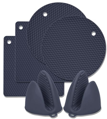 Pantelej Silikon Topfuntersetzer und Topfhandschuhe – 6 teiliges Set: 2 runde und 2 quadratische Untersetzer Plus 2 Mini Handschuhe, hitzebeständig, rutschfest, flexibel und langlebig aus Silikon