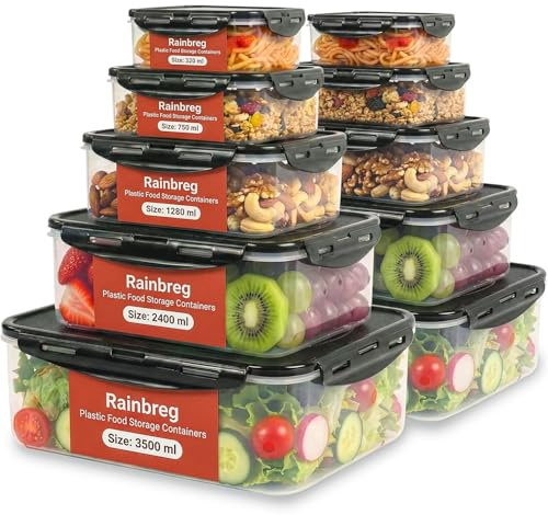 Rainberg Food Storage Containers - 20 Pieces (10 containers & 10 Lids) Leak Proof, Airtight Food Containers with Lids, Stackable, Freezer, Microwave & Dishwasher Safe (Black)