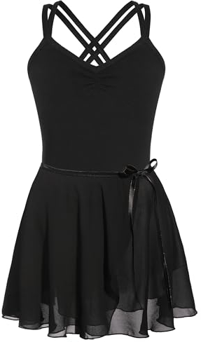 FONLAM Ballettkleid Ballettkleidung Turnanzug Mädchen Baumwolle Tanzkleid Ballett Trikot Ballettrock Gymnastikanzug (6-7 Jahre, Schwarz)