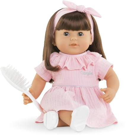 Corolle Mon Grand Poupon Julie, 36cm Weichkörperpuppe mit langem braunen Haar, inkl. Bürste, Schlafaugen, kann sitzen, Vanilleduft, ab 3 Jahren