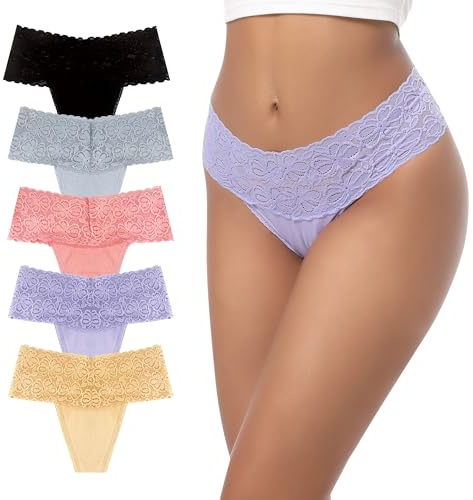 GAREDOB Tangas de Cintura Alta con Banda de Encaje Floral, Cubierta Completa, Suaves Tangas. Negro, Gris, Caqui, Violeta, melocotón XL