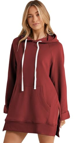 The Warmy Oversized Hoodie-klänning, Hoodies-klänning för kvinnor, Enfärgad mellanlång lös slits-huvtröja