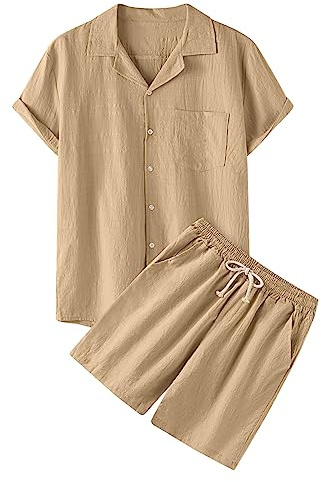 Generico Tuta in lino da uomo, 2 pezzi, estiva, per il tempo libero, tinta unita, a maniche corte, con bottoni, camicia e pantaloncini da spiaggia, set di pantaloni corti in cotone e lino