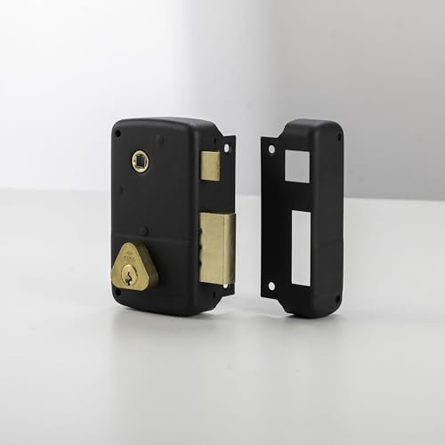 CISA - Cerradura para puertas de madera para aplicar 15021145196 - Cerradura para puerta exterior vertical de acero pintado negro con cilindro y tirador de latón - Entrada 45 - mano derecha