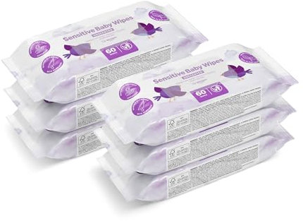 by Amazon Sensitive Baby Wipes, Unscented, 360 Wipes, 6 Pack of 60