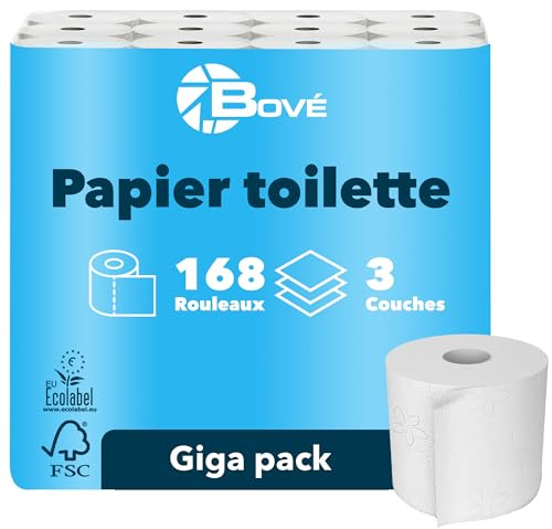BOVE Papier toilette 3 couches 168 rouleaux de papier toilette - 250 feuilles par rouleau - Extra doux, résistant et absorbant - Certifié FSC et Ecolabel UE - Excellent rapport qualité-prix