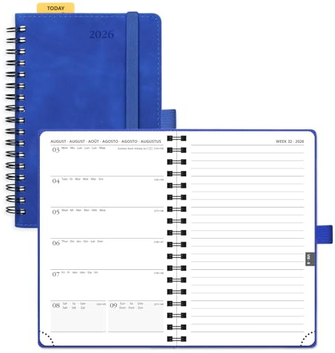 POPRUN Agenda de Poche 2026 Semainier et Carnet de Notes 16 x 10,5 cm - Couverture Spirale en Cuir A6 petite Planner, D'Jan 2026 à Déc 2026, Règle signet, Papier 100 g/m², Bleu Joyau