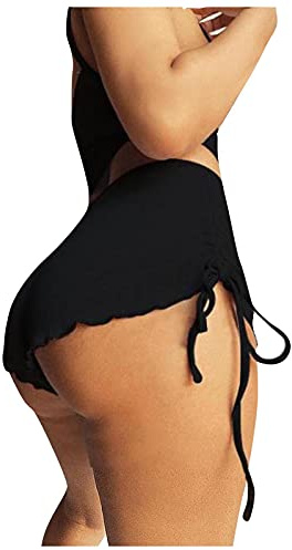 Mini short sexy pour femme avec boutons et cordon de serrage latéral - Short de yoga court respirant taille basse extensible - Short de pyjama décontracté avec fesses, Noir , M