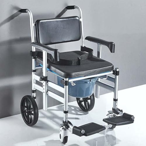 Sedia a Rotelle con WC, 3 in 1 Sedia da Doccia Pieghevole Sedias da Toilette Mobile, Bracciolo Regolabile in Altezza e Poggiapiedi Pieghevoli, per Anziani e Disabili, Alluminio