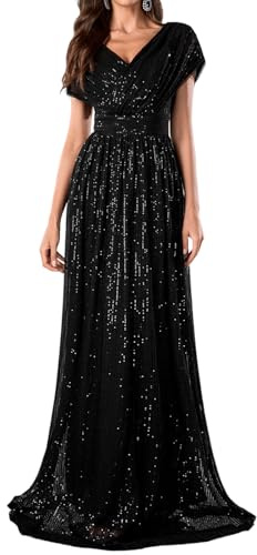 Women's Sequin V-Neck Short Sleeve A-Line Evening Dress Elegant Evening Dresses Party Gowns Black