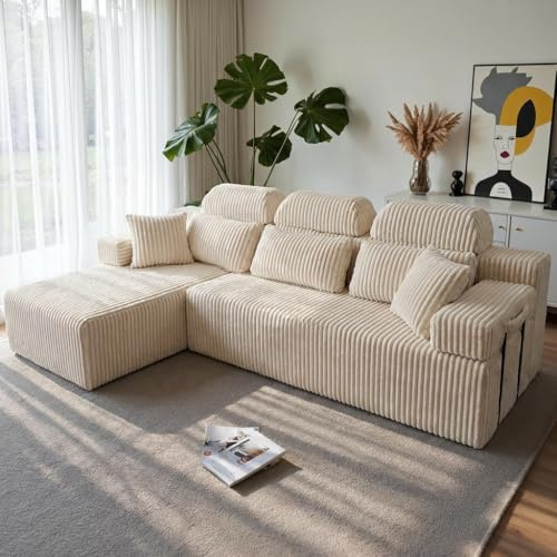 HOMRELEXA 270cm Corner Sofa with High Backrest, Corduroy Boneless Couch | L Shaped Sofa with Reversible Chaise for Left or Right, 85cm Deep Seat, 3 Seater Modular Sofas for Living Room(Beige)
