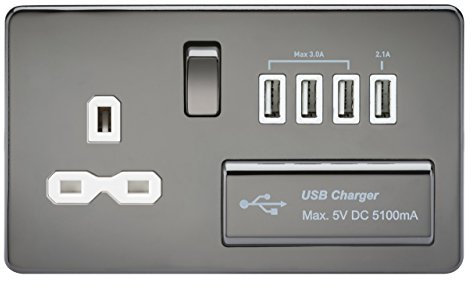 Knightsbridge SFR7USB4BNW Screwless 1G 13A Switched Socket with Quad USB Charger 5V Dc 5.1A-Black Nickel with White Insert