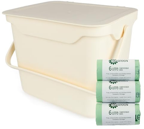 Easy Eco 5L Cream Kitchen Compost Caddy/Food Bin & 150x 6L Compostable Bags