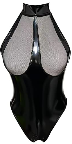 Body Femme Sexy Cuir Vernie Bodysuit Jumpsuit Sexy Transparent Bodycon Lingerie de Nuit Sado MASO Jeu de Rôle Cosplay Dos Nu Chaîne Bôndage,Noir,XL=EU M