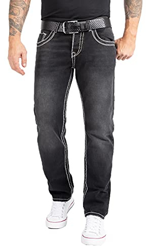 Rock Creek Herren Jeans Hose Comfort Fit Dicke Nähte Jeans Herrenjeans Herrenhose Denim Stonewashed Basic Weites Bein Raw RC-2169 Dunkelgrau W44 L34