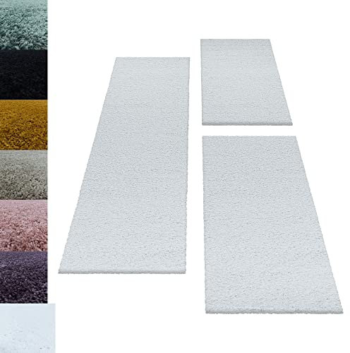 Carpettex Bettumrandung Schlafzimmer 3teilig Shaggy Teppich Hochflor Einfarbig Weiss Bettset:2 mal 60x110 + 1 mal 80x150 - Bettvorleger Schlafzimmer Läufer Set Weich Flauschiger Bettumrandung Teppich
