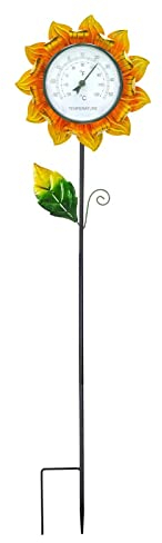D/A Dekoratives Gartenthermometer, Sonnenblumen-Metallpfahl-Thermometer für den Außenbereich, Gewächshaus-Thermometer mit Auto-Kalibrierung und Solarbetrieb
