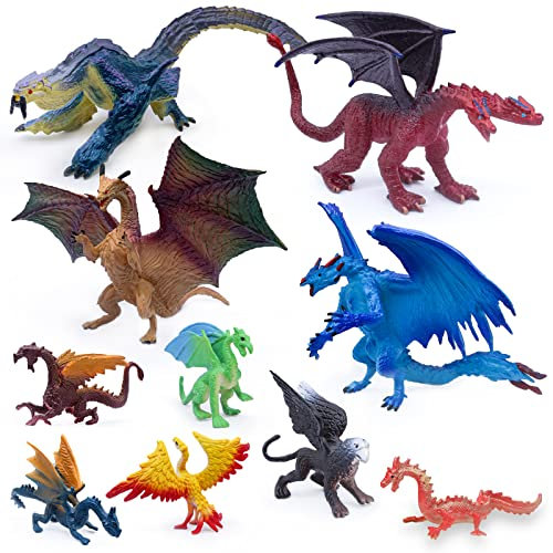 SIENON 10Pack Dragon Toy Figures, Assorted Colors and Styles Mini Mythical Figurines for Kids Birthday Cake Decorations Christmas Halloween Dragon Theme Party Favors
