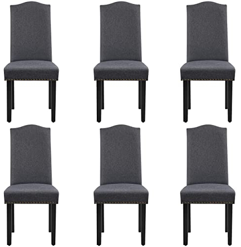 Yaheetech Esszimmerstühle 6er Set Küchenstuhl mit Hoher Rückenlehne Moderne Stühle für Küche und Esszimmer, Beine aus Massivholz, gepolsterte Sitzfläche aus Leinen bis 136 kg Belastbar, Dunkelgrau
