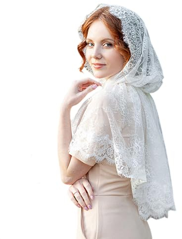 JIAHG Kathedrale Brautschleier, Unendlichkeitskapelle, inspiriertes Gebet, lateinische Masse, Spitze, Mantilla, Kirche, muslimische Kommunion, Schlägerhaube, Schleier, Weiße Mantilla mit Kapuze,