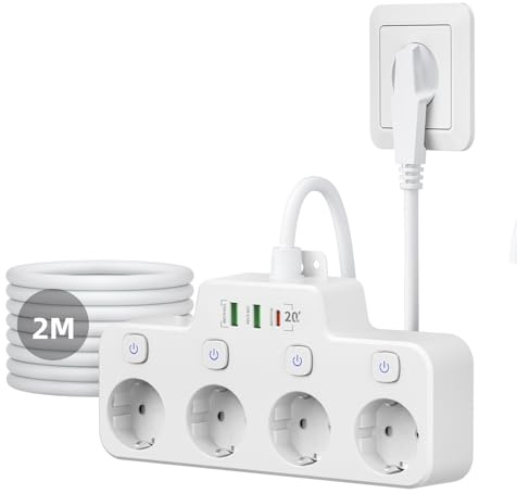 Grenuttag med USB C PD 20 W, Grenuttag med individuellt Strömbrytare med platt plugg, 4-Vägs USB-uttag Multiuttag med 4 strömbrytare, Multipeluttag Vägguttag för kök vardagsrum 2 m kabel, vit