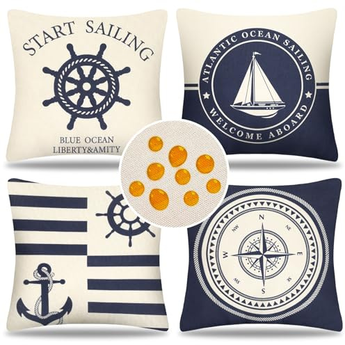 Serento Nautiskt ankare kuddfodral 50 x 50 cm blå hav kompass linne moderna dekorativa kuddfodral sommar vattentäta kuddfodral för soffa hem utomhus dekoration set om 4