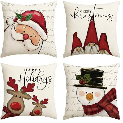 Artoid Mode GNOME Rentier Weihnachtsmann Schneemann Weihnachten Kissenbezüge 4er Set, 50x50 cm Christmas Zierkissenbezug Cushion Cover Couch Deko