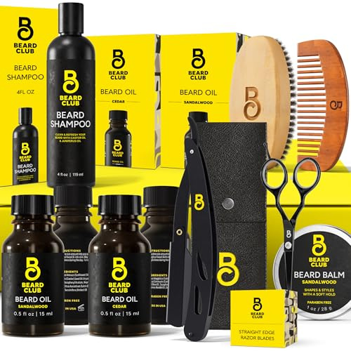 The Beard Club Premium Beard Kit for Men - Grooming & Care Kit - Cedar & Sandalwood Oil, Sandalwood Balm, Shampoo, Brush, Comb, Trimming Scissors, Straight Edge Razor - Gift Set