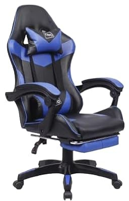 Generico SEDIA DA GAMING, PELLE SINTETICA, CON ROTELLE CUSCINO SUPPORTO POGGIATESTA E POGGIAPIEDI (BLU)