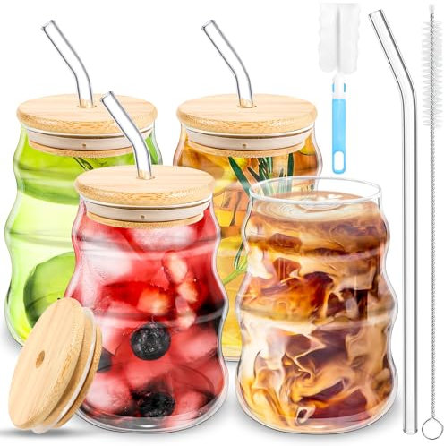 BUOAZR Juego de 4 Tazas de Café de Cristal, 530ML Vasos de Latte Macchiato, Vasos de Cóctel, Tazas de Vidrio Borosilicato, con Tapa con Pajita de Vidrio y Cepillo, para Café, Leche, Latte, Macchiato