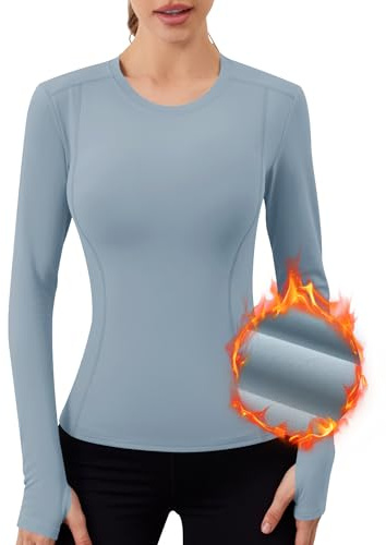 IECCP Women's Thermal Fleece Workout Shirts Compression with Thumbholes Baselayer Gym Tops for Winter Running Shirts Athletic Shirts Gray Blue M