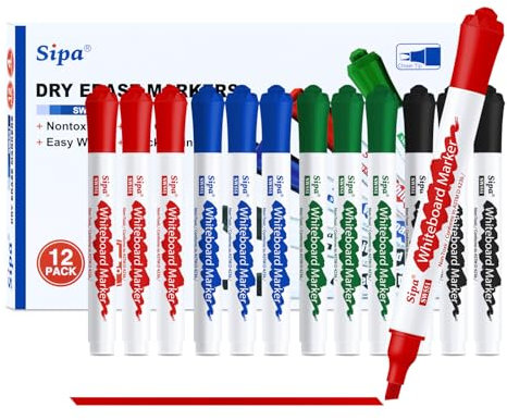 Sipa Whiteboard Marker, 12 Whiteboard Stifte abwischbar, Set mit 4 Farben Flipchart Stifte Marker, Keilspitze 4mm Linienbreite, ideal für Klassenzimmer, Büro und Kinder, unverzichtbarer Schulbedarf
