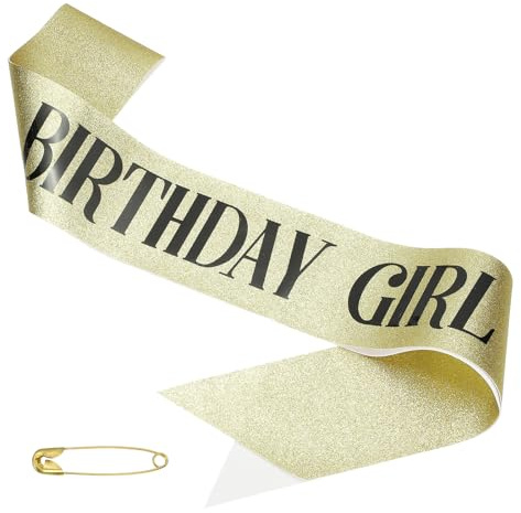 PATIKIL Banda de Cumpleaños para Niñas, Banda para Mujeres Sash de Satén Princesa Reina Decoraciones de Fiesta con Alfiler de Seguridad para Regalos y Favores de Fiesta, Dorado