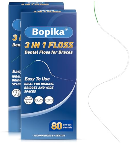 Bopika Filo interdentale per parentesi graffe, 3 in 1 Ultimate Floss, infila filo interdentale per ponti e impianti, 80 fili pretagliati (confezione da 2)