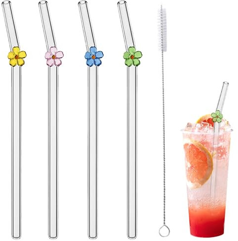 Embhlitfe 4 Pcs Reusable Glass Straws, Bent Glass Straws with Charms, 1 Cleaning Brush, Shatter Resistant, Heat Resistant, Multicolor, 7.87 x 0.315 inches, 6 Count