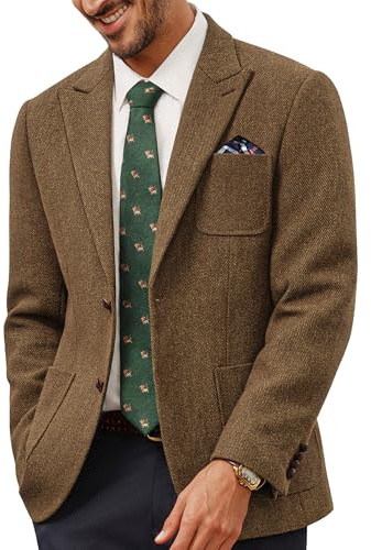 PJ PAUL JONES Blazer da uomo in tweed di lana britannico a 2 bottoni vestibilità regolare giacca da completo business uomo, Marrone, L