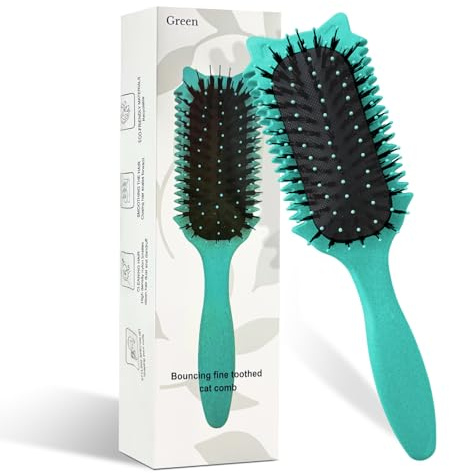 CNMTCCO Cepillo para rizar el cabello, cepillo para el pelo rizado, cepillo para peinar y dar forma, cerdas de nailon, reforzador de rizo, diseño divertido de cabeza de gato (Cat Ear Green)