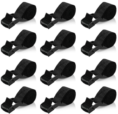Correas de Amarre Cortas 50cm – 12 Piezas Cintas de Sujeción con Hebilla de Presión Carga 100KG Negras – para Coche Moto Bicicleta Equipaje Camping Transporte