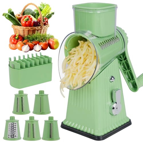 Rotary Cheese Grater with 5 Blades, Large Food Tube, Safety Food Pusher, Strong Suction Base, Mint Green
