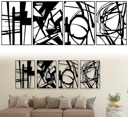 Decorazione Da Parete, 4 Pezzi Scultura Da Parete In Metallo Astratta Decorazione Da Parete Nera Quadri In Metallo Con Struttura 3D Arte Minimalista Lineare Per Soggiorno Camera Da Letto E Bagno