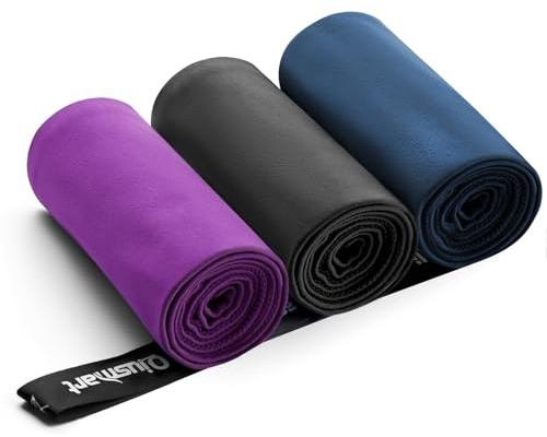 Lot de 3 serviettes en microfibre (80 x 160 cm) - Séchage rapide et compactes - Pour voyage, bain, plage, fitness et sport (violet + bleu marine + gris foncé)