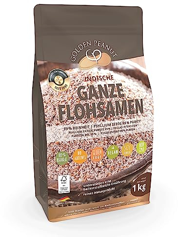 GOLDEN PEANUT Semi di psillio interi 1 kg – 99% di purezza, ricchi di fibre, senza additivi, provenienti dall'India, ingredienti vegani e senza glutine