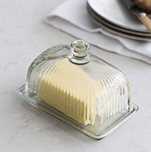 CKB Ltd® Glass Butter Dish with Lid Holder Storage Premium Ridged Design Crafted in Pressed Glass Vintage Traditional - Clear Transparent 11.5 x 17 x 10.5cm