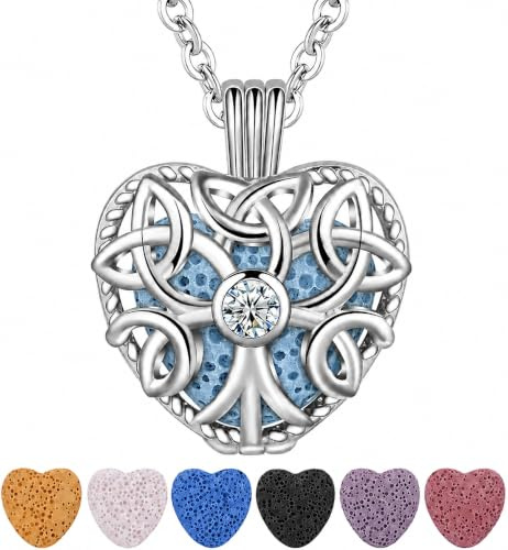 CELESTIA Silver eterisk olja diffuser halsband, keltiskt livets träd medaljonghänge med 7 absorberande lavastenar och kedja, aromaterapi smycken, dam gåvor