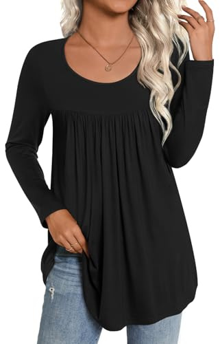 CATHY Womens Long Sleeve Casual Tunic Tops Fall Fashion 2026 Loose Fit Dressy to Wear with Leggings Winter Elastic Shirts, XL, Black