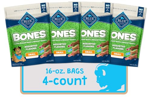 Blue Buffalo Bones Small Natural Dog Treats, Crunchy Dog Biscuits, Assorted Flavors - Beef, Chicken, Bacon Flavors, 16-oz. Bag (4 Pack)