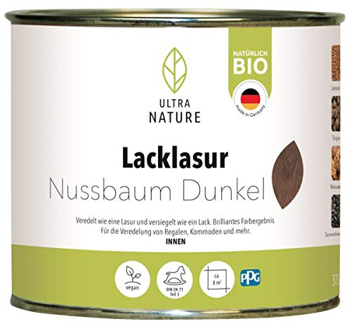 ULTRA NATURE Lacklasur 0,375L, Nussbaum, Bio, Vegan, Lösemittelfrei, Seidenglanzend, Holzlasur