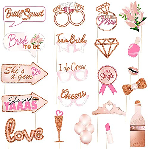 Karjiaja 21 PCS Rose Gold Wedding Hen Party Photo Booth Props Botanical Bridal Shower Night Do Frame Prop Team Bride Selfie Bachelorette To Be