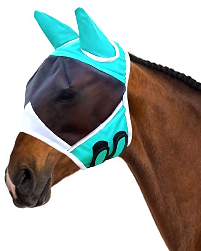 Fliegenmasken für Pferde mit Ohren, Horse Fly Mask Pferde und UV-Schutz, L Glatter und Elastischer Lycra Fliegenmaske (Turkis)