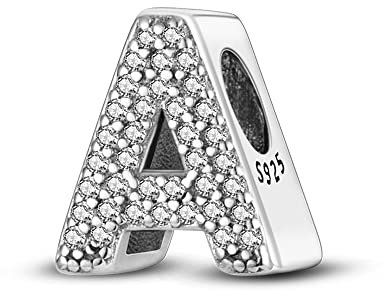 TINSLO Charme Pearl en forme de lettre de A pour bracelet, En argent sterling 925, Compatible avec les bracelets et colliers Pandora, Compatible avec les bracelets européens pour femmes et filles